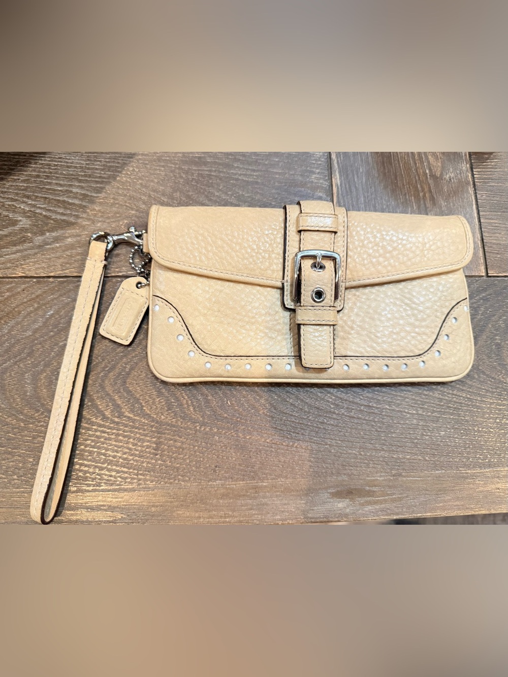 Coach beige leather wristlet